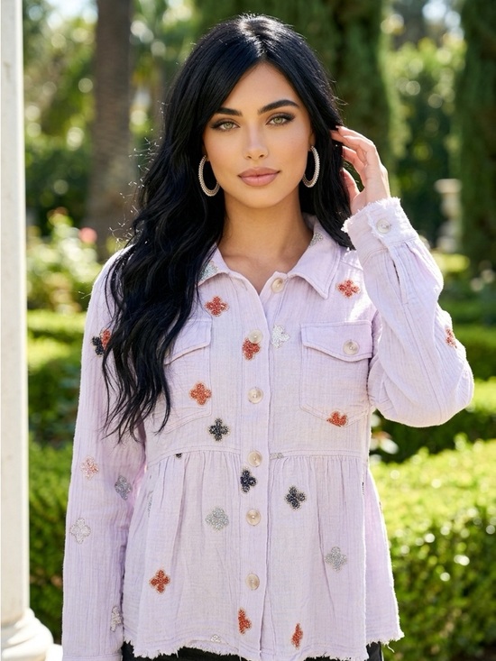 Mystree Dresses & Skirts - Lilac Embroidered Button-Front Women's top cardigan jacket size LARGE